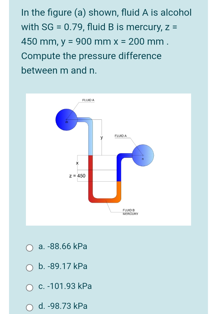 In the figure (a) shown, fluid A is alcohol
with SG = 0.79, fluid B is mercury, z =
450 mm, y = 900 mm x = 200 mm .
Compute the pressure difference
between m and n.
FLUID A
FLUID A
z = 450
FLUID B
MERCURY
a. -88.66 kPa
b. -89.17 kPa
C. -101.93 kPa
d. -98.73 kPa
