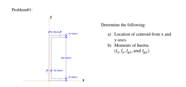 Problem#1:
y
Determine the following:
94.40mm
a) Location of centroid from x and
16.50mm
у-ахes.
b) Moments of Inertia
(Iy, ly,Igx, and Igy)
348.00mm
36.40mm
16 50mm
