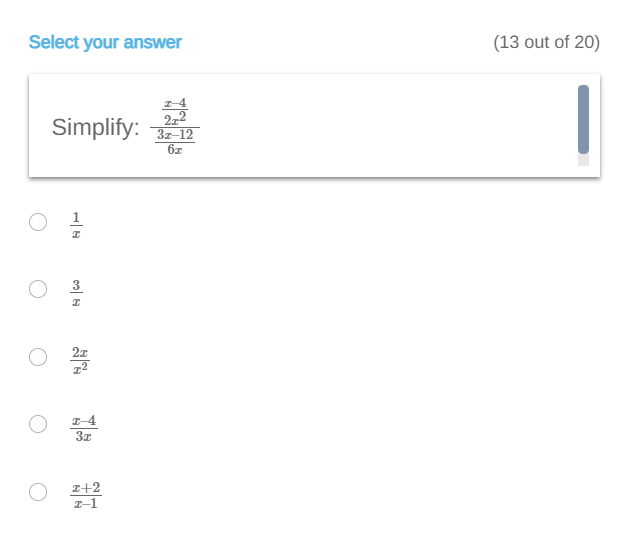 Select your answer
I-4
21²
Simplify: 32-12
62
H|Co
21
x²
I-4
3x
2213
(13 out of 20)
1