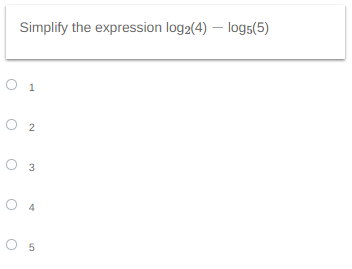 Simplify the expression log2 (4) - log5(5)
O 1
2
3
05