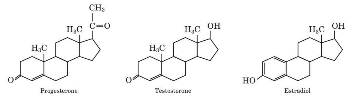 CH3
C=0
ОН
ОН
H3C
H3C
H3C
H3C
H3C
НО
Progesterone
Testosterone
Estradiol
