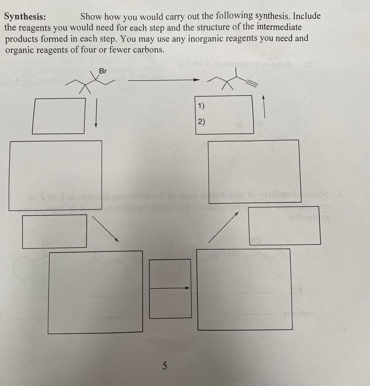 Synthesis:
Show how you would carry out the following synthesis. Include
the reagents you would need for each step and the structure of the intermediate
products formed in each step. You may use any inorganic reagents you need and
organic reagents of four or fewer carbons.
Br
1)
2)
5
18
en asnss gniwollel odilo ross
onsells gnivollot sdt to nose ngre
18
A (alg 8) alims1912 8
aideoilegs
analais