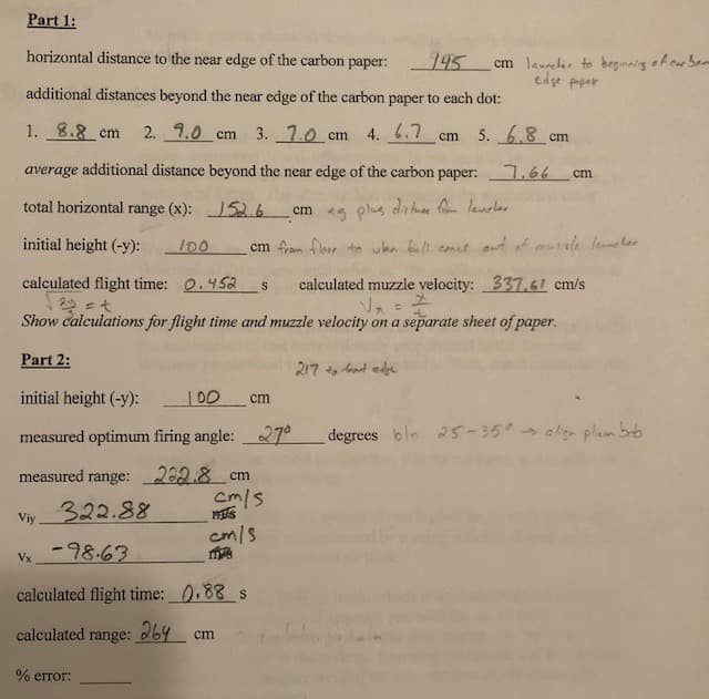 Part 1:
horizontal distance to the near edge of the carbon paper:
145 cm launeher to begmaing et cr bem
edse peper
additional distances beyond the near edge of the carbon paper to each dot:
1. 8.8 cm
2. 9.0 cm 3. 1.0 cm 4. 6.7
5. 6.8 cm
ст
ст
average additional distance beyond the near edge of the carbon paper:
.66
cm
total horizontal range (x):
leurler
52.6
cm s plus dr hu
initial height (-y):
cm fram floor to ukn bull cmer ut of murale lamme her
calculated flight time:
0.452
calculated muzzle velocity: 337.61 cm/s
Show calculations for flight time and muzzle velocity on a separate sheet of paper.
Part 2:
217 to front edge
initial height (-y):
100
cт
> algn plum bb
27°
degrees bln 25-350-
measured optimum firing angle:
measured range:222.8 cm
Cm/s
322.88
Viy
cm/s
-98.63
Vx
0.88 s
calculated flight time:
calculated range: 264 cm
% error:
