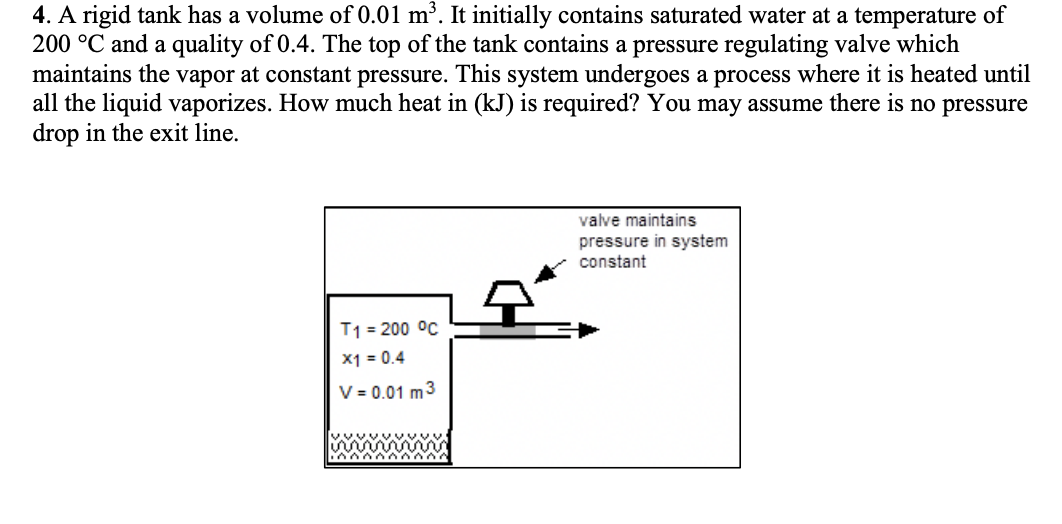 4. A rigid tank has a volume of 0.01 m³. It initially contains saturated water at a temperature of
200 °C and a quality of 0.4. The top of the tank contains a pressure regulating valve which
maintains the vapor at constant pressure. This system undergoes a process where it is heated until
all the liquid vaporizes. How much heat in (kJ) is required? You may assume there is no pressure
drop in the exit line.
T1 = 200 °C
x1 = 0.4
V = 0.01 m3
valve maintains
pressure in system
constant