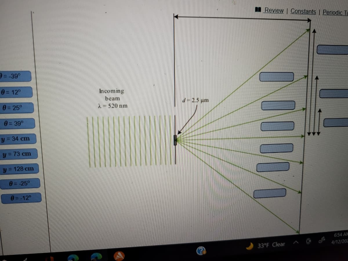 Review | Constants | Periodic Ta
9= -39°
0= 12"
Incoming
beam
d= 2.5 um
0=25°
2=520 nm
0= 39°
y = 34 cm
y = 73 cm
y = 128 cm
0= -25°
0= -12°
6:54 AN
4/12/202
33°F Clear
