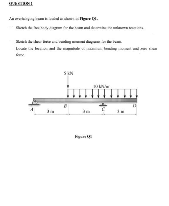 QUESTION 1
An overhanging beam is loaded as shown in Figure Q1.
Sketch the free body diagram for the beam and detemine the unknown reactions.
Sketch the shear force and bending moment diagrams for the beam.
Locate the location and the magnitude of maximum bending moment and zero shear
force.
5 kN
10 kN/m
D
3 m
3 m
3 m
Figure QI
