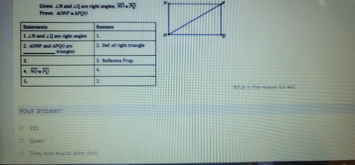 Given: ZN and LQ are right angles NO FO
Prove: AONPAPOO
Statements
Reasons
1. ZN and 2Q are right angles
1.
2. Def. of right triangle
2. AONP and APQO are
triangles
3.
3. Reflexive Prop.
4. NO PQ
4.
5.
S.
What is the reason for #47
Your answer:
SS
O Given
O They look exacty alike, duh!
