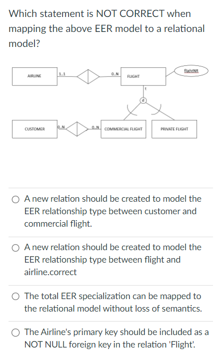 Which statement is NOT CORRECT when
mapping the above EER model to a relational
model?
AIRLINE
CUSTOMER
1..1
0.N
O.N
FLIGHT
ON COMMERCIAL FLIGHT
flightNR
PRIVATE FLIGHT
A new relation should be created to model the
EER relationship type between customer and
commercial flight.
A new relation should be created to model the
EER relationship type between flight and
airline.correct
The total EER specialization can be mapped to
the relational model without loss of semantics.
The Airline's primary key should be included as a
NOT NULL foreign key in the relation 'Flight'!.