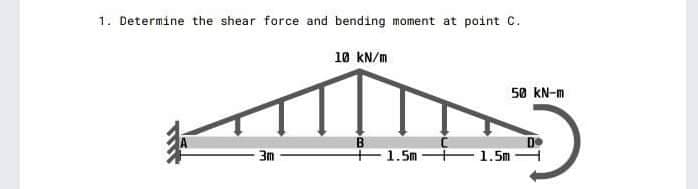 1. Determine the shear force and bending moment at point C.
10 kN/m
50 kN-m
3m
+1.5m
1.5m
