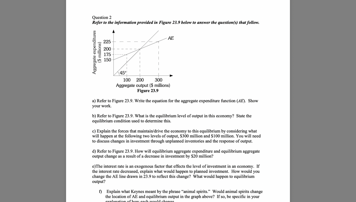 Question 2
Refer to the information provided in Figure 23.9 below to answer the question(s) that follow.
Aggregate expenditures
($ millions)
225
200
175
150
AE
45°
300
100 200
Aggregate output ($ millions)
Figure 23.9
a) Refer to Figure 23.9. Write the equation for the aggregate expenditure function (AE). Show
your work.
b) Refer to Figure 23.9. What is the equilibrium level of output in this economy? State the
equilibrium condition used to determine this.
c) Explain the forces that maintain/drive the economy to this equilibrium by considering what
will happen at the following two levels of output, $300 million and $100 million. You will need
to discuss changes in investment through unplanned inventories and the response of output.
d) Refer to Figure 23.9. How will equilibrium aggregate expenditure and equilibrium aggregate
output change as a result of a decrease in investment by $20 million?
e) The interest rate is an exogenous factor that effects the level of investment in an economy. If
the interest rate decreased, explain what would happen to planned investment. How would you
change the AE line drawn in 23.9 to reflect this change? What would happen to equilibrium
output?
f) Explain what Keynes meant by the phrase "animal spirits." Would animal spirits change
the location of AE and equilibrium output in the graph above? If so, be specific in your
explanation of how each would change