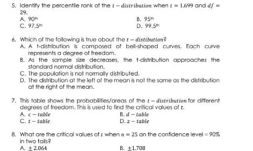 5. Identify the percentile rank of the t- distribution when t = 1.699 and df =
29.
A. 90th
C. 97.5th
B. 95th
D. 99.5th
6. Which of the following is true about the t - distibution?
A. A t-distribution is composed of bell-shaped curves. Each curve
represents a degree of freedom.
B. As the sample size decreases, the t-distribution approaches the
standard normal distribution.
C. Ihe population is not normally distributed.
D. The distribution at the left of the mean is not the same as the distribution
at the right of the mean.
7. This table shows the probabilities/areas of the t- distribution for different
degrees of freedom. This is used to find the critical values of t.
A. c- table
C. t- table
B. d - table
D. z- table
8. What are the critical values of i when n = 25 an the confidence level = 90%
in two tails?
A. ±2.064
B. +1.708
