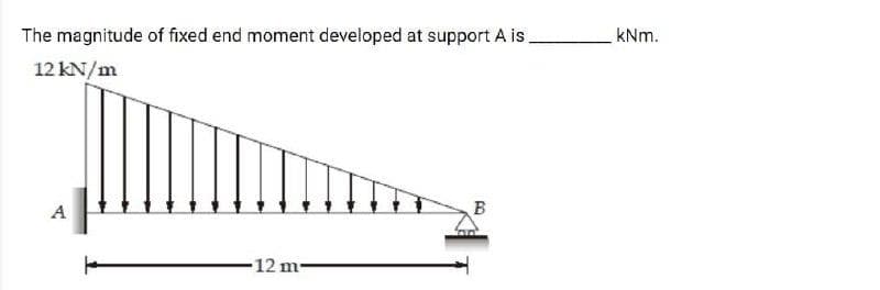 The magnitude of fixed end moment developed at support A is
kNm.
12 kN/m
A
-12 m-
