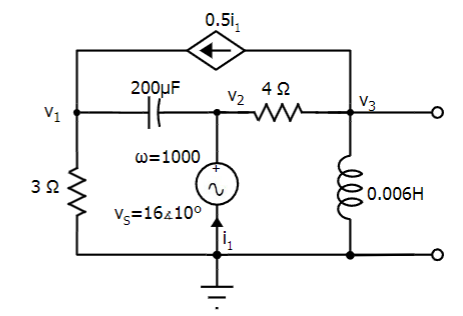 V1
392
200μF
w=1000
Vs=16z10⁰
0.5i,
2
V2
4Ω
M
V3
0.006H