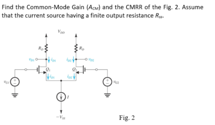 Find the Common-Mode Gain (ACM) and the CMRR of the Fig. 2. Assume
that the current source having a finite output resistance RSS.
VGI
UDI
Ro
VIDI
2₁
VDD
-Vss
ip
RD
-0 Up2
162
Fig. 2