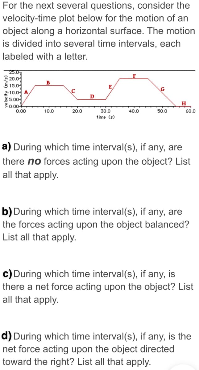 For the next several questions, consider the
velocity-time plot below for the motion of an
object along a horizontal surface. The motion
is divided into several time intervals, each
labeled with a letter.
25.03
20.0
E 15.0
210.0 A,
85.00
0.00+
0.00
F
B
E
C
D
H
10.0
20.0
30.0
40.0
50.0
60.0
time (s)
a) During which time interval(s), if any, are
there no forces acting upon the object? List
all that apply.
b) During which time interval(s), if any, are
the forces acting upon the object balanced?
List all that apply.
c) During which time interval(s), if any, is
there a net force acting upon the object? List
all that apply.
d) During which time interval(s), if any, is the
net force acting upon the object directed
toward the right? List all that apply.
