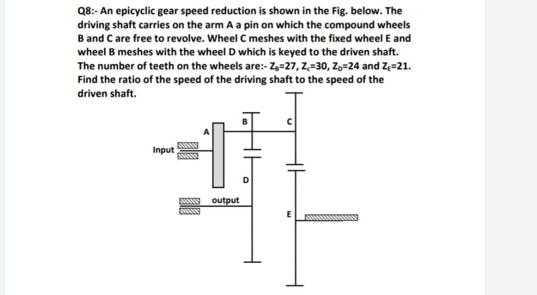 Q8:- An epicyclic gear speed reduction is shown in the Fig. below. The
driving shaft carries on the arm A a pin on which the compound wheels
B and C are free to revolve. Wheel C meshes with the fixed wheel E and
wheel B meshes with the wheel D which is keyed to the driven shaft.
The number of teeth on the wheels are:- Zg=27, Z=30, ZD=24 and Zę=21.
Find the ratio of the speed of the driving shaft to the speed of the
driven shaft.
Input
output
E
