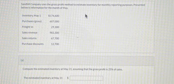 Sandhill Company uses the gross profit method to estimate inventory for monthly reporting purposes. Presented
below is information for the month of May.
Inventory, May 1
Purchases (gross)
Freight-in
Sales revenue
Sales returns
Purchase discounts
(a)
$174,600
607,000
29,300
983.300
67,700
12,700
Compute the estimated inventory at May 31, assuming that the gross profit is 25% of sales
The estimated inventory at May 31 S