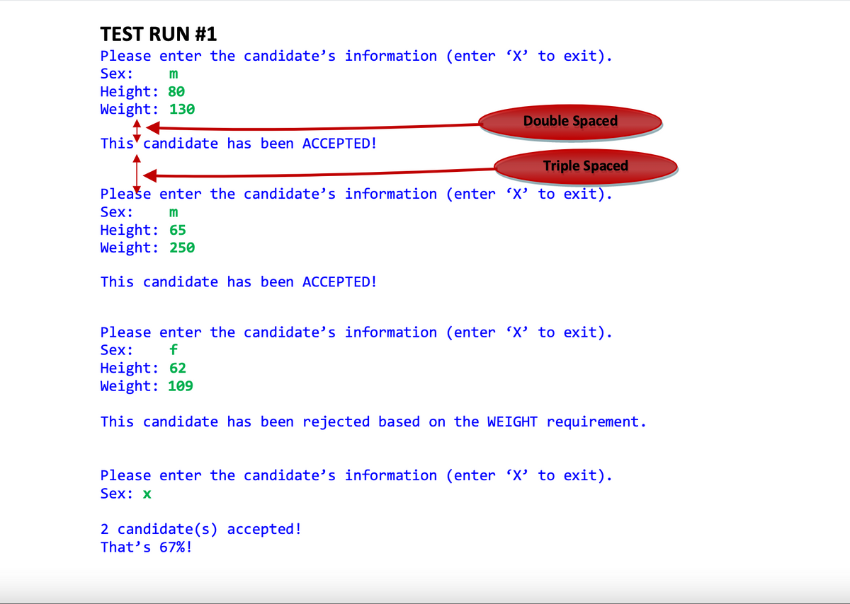 TEST RUN #1
Please enter the candidate's information (enter 'X' to exit).
Sex:
m
Height: 80
Weight: 130
Double Spaced
This candidate has been ACCEPTED!
Triple Spaced
Please enter the candidate's information (enter 'X' to exit).
Sex:
m
Height: 65
Weight: 250
This candidate has been ACCEPTED!
Please enter the candidate's information (enter 'X' to exit).
Sex:
f
Height: 62
Weight: 109
This candidate has been rejected based on the WEIGHT requirement.
Please enter the candidate's information (enter 'X' to exit).
Sex: x
2 candidate(s) accepted!
That's 67%!