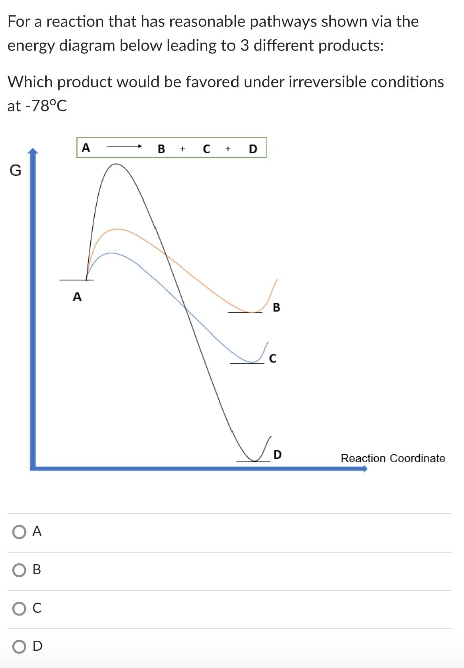 For a reaction that has reasonable pathways shown via the
energy diagram below leading to 3 different products:
Which product would be favored under irreversible conditions
at -78°C
А
В
D
G
A
В
D
Reaction Coordinate
A
C
