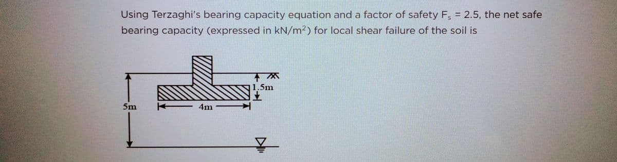 Using Terzaghi's bearing capacity equation and a factor of safety F, = 2.5, the net safe
bearing capacity (expressed in kN/m²) for local shear failure of the soil is
5m
4m
1.5m
!