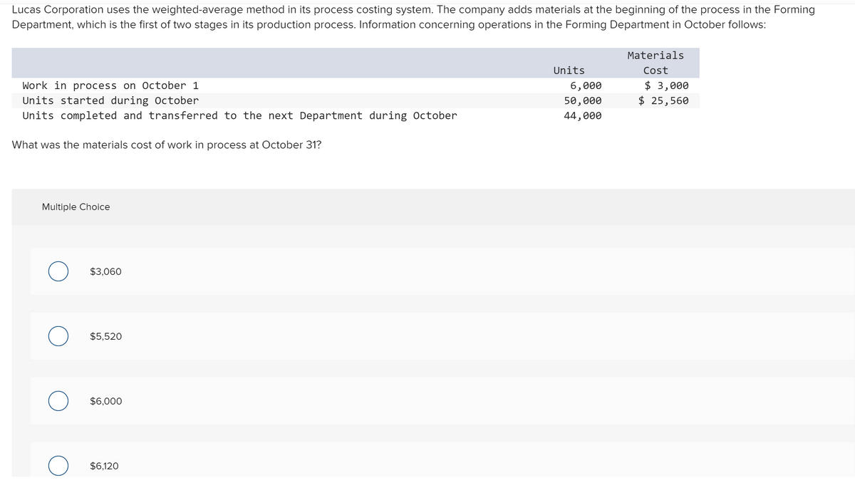 Lucas Corporation uses the weighted-average method in its process costing system. The company adds materials at the beginning of the process in the Forming
Department, which is the first of two stages in its production process. Information concerning operations in the Forming Department in October follows:
Materials
Units
Cost
Work in process on October 1
Units started during October
Units completed and transferred to the next Department during October
$ 3,000
$ 25,560
6,000
50,000
44,000
What was the materials cost of work in process at October 31?
Multiple Choice
$3,060
$5,520
$6,000
$6,120
