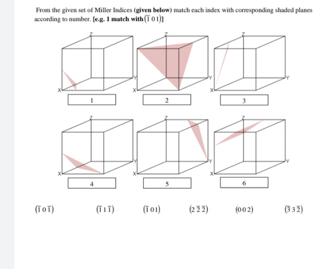 From the given set of Miller Indices (given below) match each index with corresponding shaded planes
according to number. [e.g. 1 match with (ī o 1)]
(TOT)
(TIT)
(To1)
(2 Z 2)
(002)
(3 3 2)
