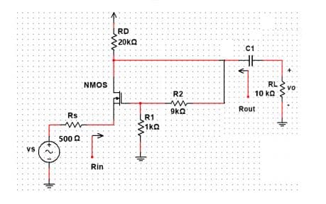 ..
..
.....
++++.
.3B
.... ..
......
.... ..
.....
RD
20kQ
C1
..
...t
...
... ...
.....
..
NMOS
RL
vo
10 ka >
...
R2
... ..
....+
Rout
9ka
1:
Rs
..
R1
...
1kQ
.... ...
........
....
.....
500 0
Vs
Rin
...
.3.
.... ...
.... ..
...
..
.... .... .
.....
..
..
.3.
.3.
...
.....
...
....
