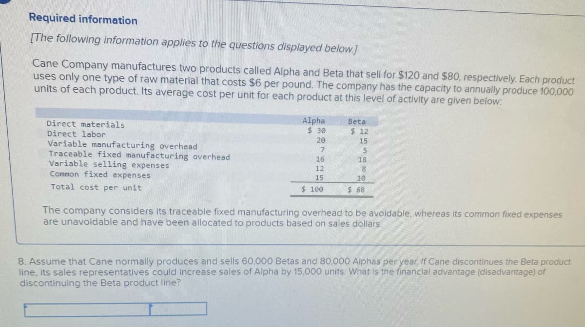 Required information
[The following information applies to the questions displayed below.]
Cane Company manufactures two products called Alpha and Beta that sell for $120 and $80, respectively. Each product
uses only one type of raw material that costs $6 per pound. The company has the capacity to annually produce 100,000
units of each product. Its average cost per unit for each product at this level of activity are given below:
Alpha
$ 30
Direct materials
Beta
Direct labor
$ 12
20
15
Variable manufacturing overhead
Traceable fixed manufacturing overhead
Variable selling expenses
Common fixed expenses
15
16
18
12
8.
15
10
Total cost per unit
$ 100
$ 68
The company considers its traceable fixed manufacturing overhead to be avoidable, whereas its common fixed expenses
are unavoidable and have been allocated to products based on sales dollars.
8. Assume that Cane normally produces and sells 60,000 Betas and 80,000 Alphas per year. If Cane discontinues the Beta product
line, its sales representatives could increase sales of Alpha by 15,000 units. What is the financial advantage (disadvantage) of
discontinuing the Beta product line?
