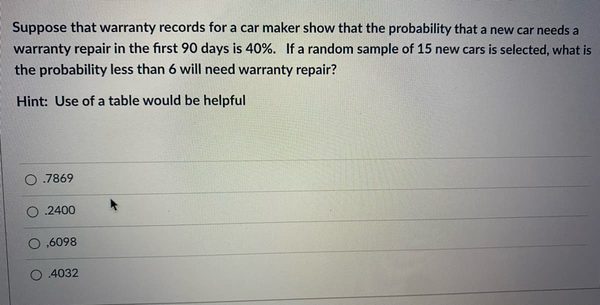 Suppose that warranty records for a car maker show that the probability that a new car needs a
warranty repair in the first 90 days is 40%. If a random sample of 15 new cars is selected, what is
the probability less than 6 will need warranty repair?
Hint: Use of a table would be helpful
.7869
.2400
,6098
4032
