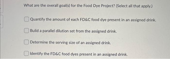 What are the overall goal(s) for the Food Dye Project? (Select all that apply.)
Quantify the amount of each FD&C food dye present in an assigned drink.
Build a parallel dilution set from the assigned drink.
Determine the serving size of an assigned drink.
Identify the FD&C food dyes present in an assigned drink.