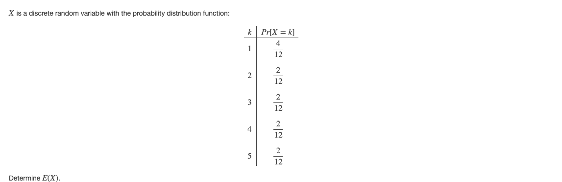 X is a discrete random variable with the probability distribution function:
k Pr[X = k]
4
1
12
12
2
12
2
4
12
2
5
12
Determine E(X).
