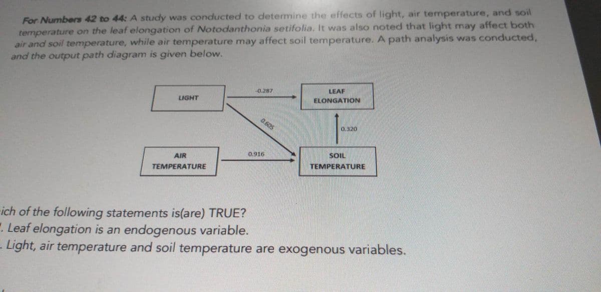 For Numbers 42 to 44: A study was conducted to determine the effects of light, air temperature, and soil
temperature on the leaf elongation of Notodanthonia setifolia. It was also noted that light may affect both
air and soil temperature, while air temperature may affect soil temperature. A path analysis was conducted,
and the output path diagram is given below.
LIGHT
AIR
TEMPERATURE
-0.287
0916
LEAF
ELONGATION
ONZO
SOIL
TEMPERATURE
ich of the following statements is(are) TRUE?
Leaf elongation is an endogenous variable.
Light, air temperature and soil temperature are exogenous variables.