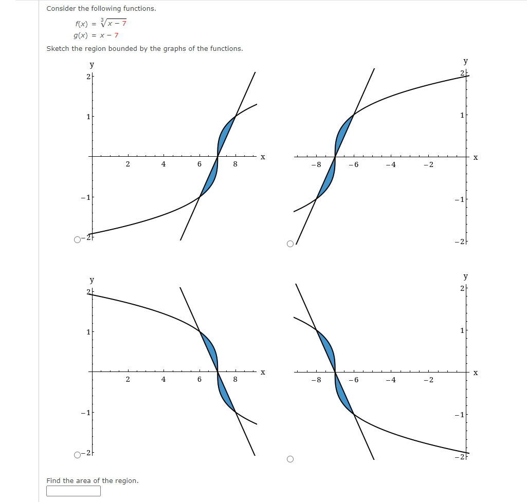 ### Analyzing Bounded Regions by Functions

#### Problem Statement:
Consider the following functions:
\[ f(x) = \sqrt[3]{x - 7} \]
\[ g(x) = x - 7 \]

#### Objective:
Sketch the region bounded by the graphs of the functions.

#### Graphical Analysis:
The image presents four graphs, each plotting the region bounded by the given functions \( f(x) \) and \( g(x) \). Here's a detailed description of each graph:

**Top-Left Graph:**
- The \(x\)-axis ranges from 0 to 8.
- The \(y\)-axis ranges from -2 to 2.
- The graph of \( f(x) \) is a cubic root function shifted right by 7 units.
- The graph of \( g(x) \) is a linear function also shifted downwards.
- The bounded region is shaded in blue between the curves.

**Top-Right Graph:**
- The \(x\)-axis ranges from -8 to 0.
- The \(y\)-axis ranges from -2 to 2.
- The graph of \( f(x) \) again shows a cubic root function, but reflected.
- The graph of \( g(x) \) intersects similarly as in the top-left graph.
- The bounded region is shaded in blue.

**Bottom-Left Graph:**
- The \(x\)-axis ranges from 0 to 8.
- The \(y\)-axis ranges from -2 to 2.
- The graphs of \( f(x) \) and \( g(x) \) appear similar to the top-left graph but are extending differently.
- The shaded area is still between the two curves.

**Bottom-Right Graph:**
- The \(x\)-axis ranges from -8 to 0.
- The \(y\)-axis ranges from -2 to 2.
- The graph of \( f(x) \) mirrors the bottom-left graph.
- The graph of \( g(x) \) follows the same pattern.
- The blue region represents the bounded area.

#### Task:
After analyzing the graphs, calculate the area of the region bounded by \( f(x) \) and \( g(x) \).

**Find the area of the region.**
\[ \boxed{\phantom{0}} \]