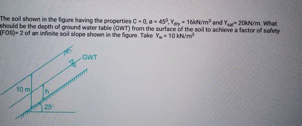 The soil shown in the figure having the properties C = 0, ø = 450, Ydry 16kN/m³ and Ysat 20kN/m. What
should be the depth of ground water table (GWT) from the surface of the soil to achieve a factor of safety
(FOS)= 2 of an infinite soil slope shown in the figure. Take Yw= 10 kN/m³
W
10 m
m
h
25°
¥
GWT
TTT