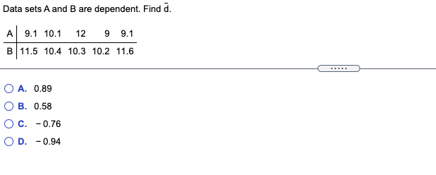 Data sets A and B are dependent. Find d.
A 9.1 10.1
9 9.1
12
B 11.5 10.4 10.3 10.2 11.6
O A. 0.89
ОВ. 0.58
O C. - 0.76
O D. -0.94
