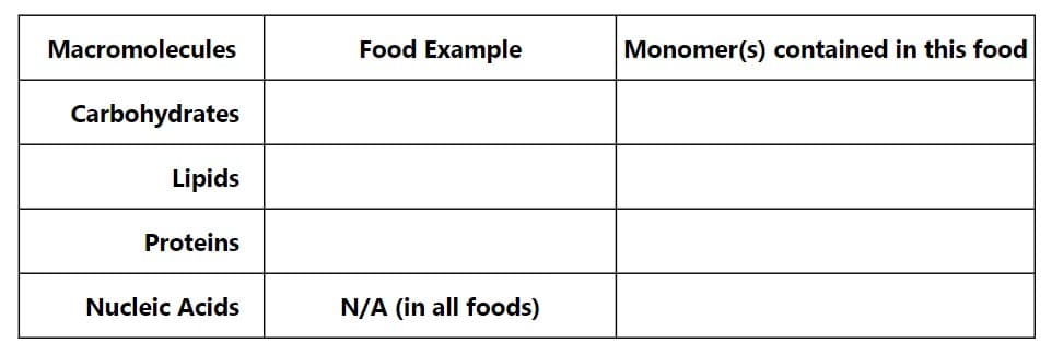 Macromolecules
Food Example
Monomer(s) contained in this food
Carbohydrates
Lipids
Proteins
Nucleic Acids
N/A (in all foods)
