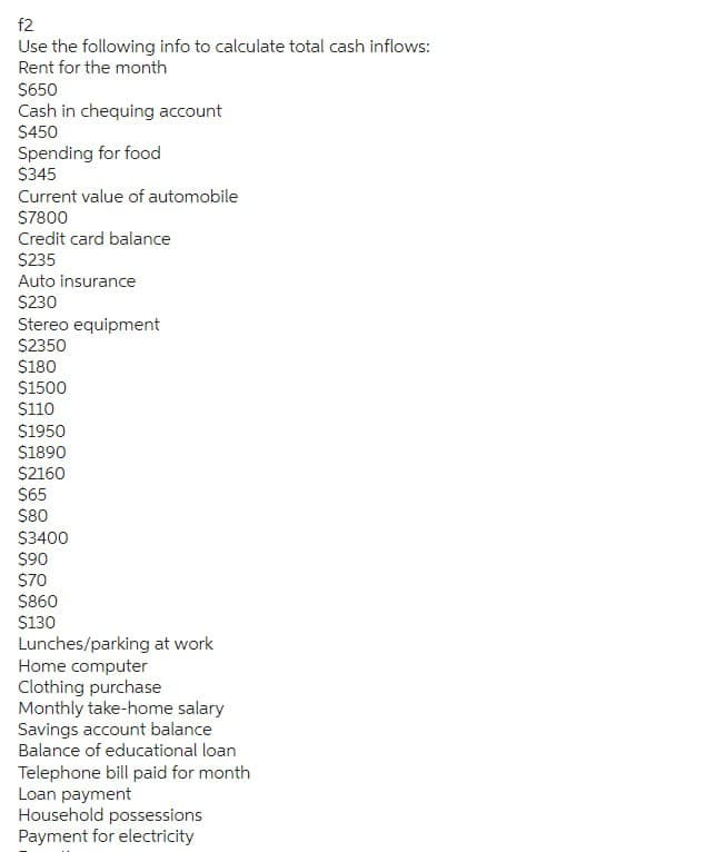 f2
Use the following info to calculate total cash inflows:
Rent for the month
$650
Cash in chequing account
$450
Spending for food
$345
Current value of automobile
$7800
Credit card balance
$235
Auto insurance
$230
Stereo equipment
$2350
$180
$1500
$110
$1950
$1890
$2160
$65
$80
$3400
$90
$70
$860
$130
Lunches/parking at work
Home computer
Clothing purchase
Monthly take-home salary
Savings account balance
Balance of educational loan
Telephone bill paid for month
Loan payment
Household possessions
Payment for electricity