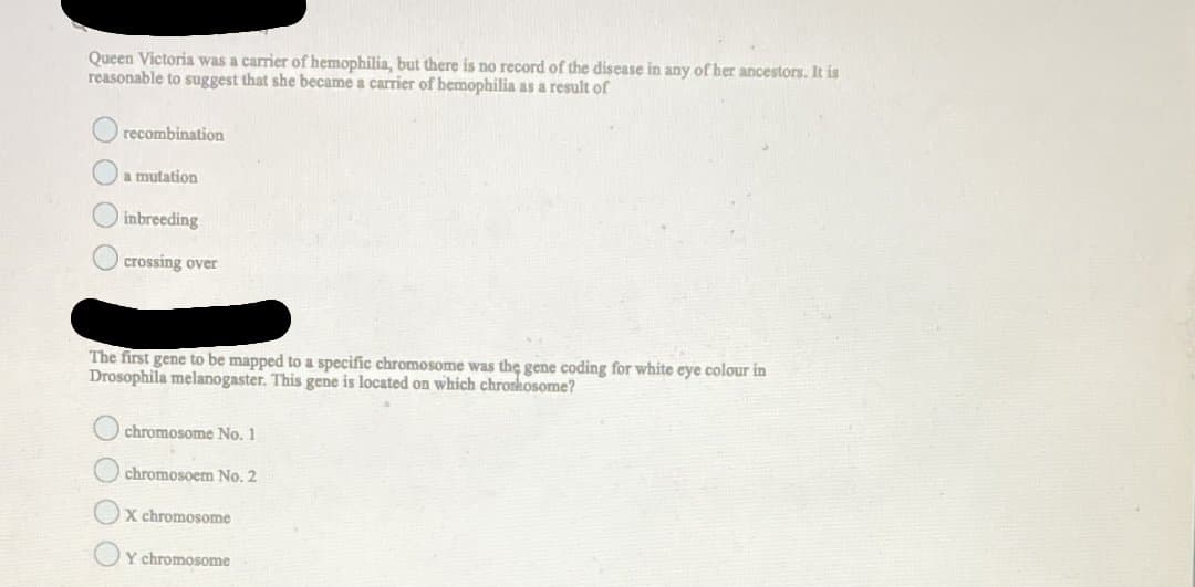 Queen Victoria was a carrier of hemophilia, but there is no record of the disease in any of her ancestors. It is
reasonable to suggest that she became a carrier of hemophilia as a result of
recombination
a mutation
inbreeding
crossing over
The first gene to be mapped to a specific chromosome was the gene coding for white eye colour in
Drosophila melanogaster. This gene is located on which chrorkosome?
chromosome No. 1
chromosoem No. 2
X chromosome
Y chromosome
