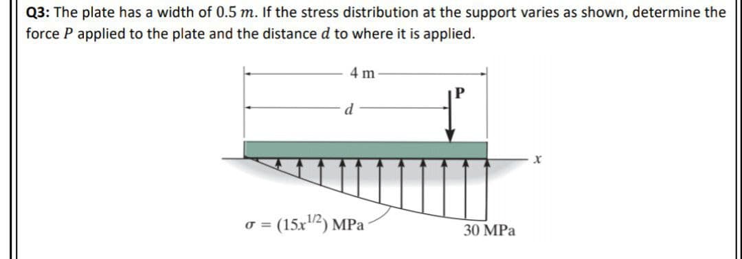 Q3: The plate has a width of 0.5 m. If the stress distribution at the support varies as shown, determine the
force P applied to the plate and the distance d to where it is applied.
4 m
P
d
o = (15x2) MPa
30 MPa
