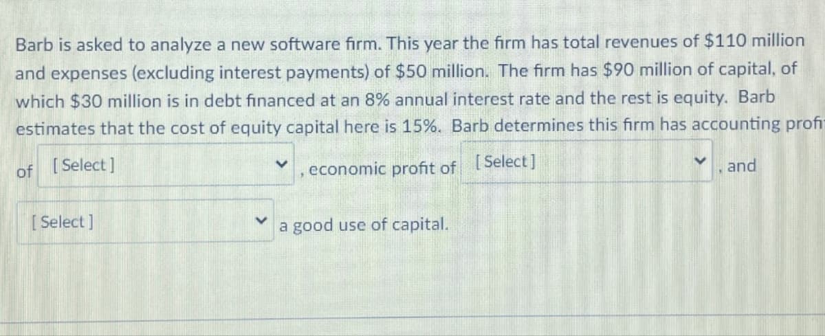 Barb is asked to analyze a new software firm. This year the firm has total revenues of $110 million
and expenses (excluding interest payments) of $50 million. The firm has $90 million of capital, of
which $30 million is in debt financed at an 8% annual interest rate and the rest is equity. Barb
estimates that the cost of equity capital here is 15%. Barb determines this firm has accounting profi
of
[Select]
[Select]
economic profit of [Select]
a good use of capital.
く
and