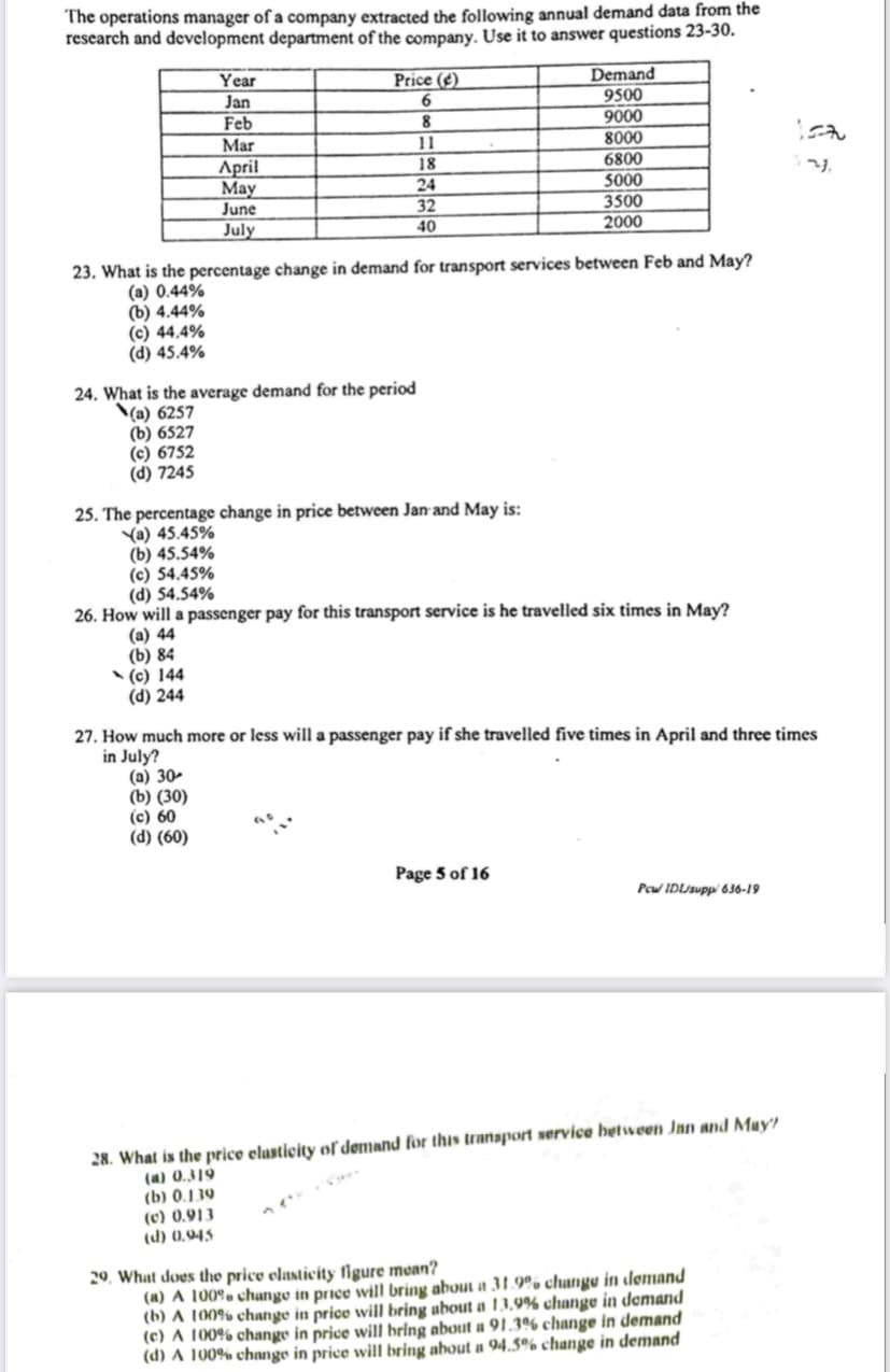 The operations manager of a company extracted the following annual demand data from the
research and development department of the company. Use it to answer questions 23-30.
Year
Price (¢)
Demand
Jan
6.
9500
9000
8000
6800
5000
3500
Feb
Mar
11
April
May
June
18
24
32
July
40
2000
23. What is the percentage change in demand for transport services between Feb and May?
(a) 0.44%
(b) 4.44%
(c) 44.4%
(d) 45.4%
24. What is the average demand for the period
\(a) 6257
(b) 6527
(c) 6752
(d) 7245
25. The percentage change in price between Jan and May is:
Ya) 45.45%
(b) 45.54%
(c) 54.45%
(d) 54.54%
26. How will a passenger pay for this transport service is he travelled six times in May?
(a) 44
(b) 84
* (c) 144
(d) 244
27. How much more or less will a passenger pay if she travelled five times in April and three times
in July?
(a) 30-
(b) (30)
(c) 60
(d) (60)
Page 5 of 16
Peu IDL/suppi 636-19
28. What is the price elasticity ofľ demand for this transport service hetween Jan and Muy
(a) 0.319
(b) 0.1,39
(c) 0.913
(d) 0,945
29, What does the price elasticity figure mean?
(a) A 100%. change in price will bring about a 31.9% changu in domand
(b) A 100% change in price will bring ubout a 13.9% change in demand
(c) A 100% change in price will bring about a 91.3% change in demand
(d) A 100% change in price will bring about a 94.5% change in demand
