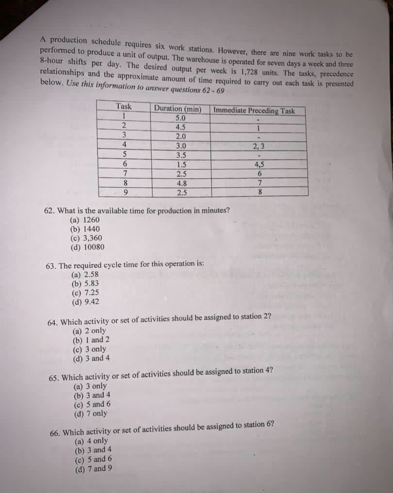 A production schedule requires six work stations. However, there are nine work tasks to be
performed to produce a unit of output. The warchouse is operated for seven days a week and three
8-hour shifts per day. The desired output per week is 1.728 units. The tasks, precedence
relationships and the approximate amount of time required to carry out cach task is presented
below. Use this information to answer questions 62 - 69
Task
1.
Duration (min)
5.0
Immediate Preceding Task
3
4
4.5
2.0
3.0
3.5
2,3
4,5
1.5
2.5
7.
4.8
2.5
62. What is the available time for production in minutes?
(a) 1260
(b) 1440
(c) 3,360
(d) 10080
63. The required cycle time for this operation is:
(а) 2.58
(b) 5.83
(c) 7.25
(d) 9.42
64. Which activity or set of activities should be assigned to station 2?
(a) 2 only
(b) I and 2
(c) 3 only
(d) 3 and 4
65. Which activity or set of activities should be assigned to station 4?
(a) 3 only
(b) 3 and 4
(c) 5 and 6
(d) 7 only
66. Which activity or set of activities should be assigned to station 6?
(a) 4 only
(b) 3 and 4
(c) 5 and 6
(d) 7 and 9
