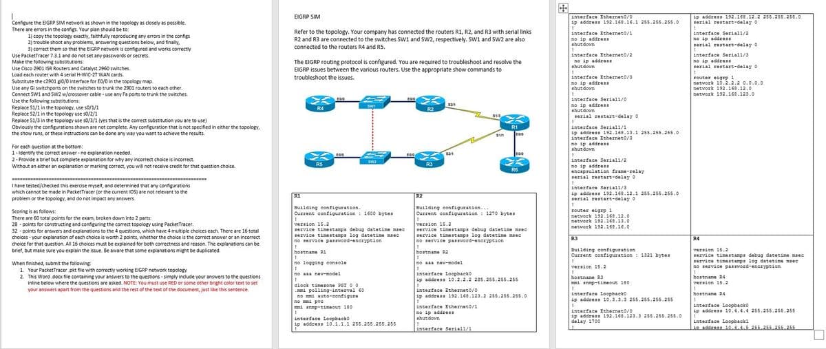 interface Ethernet0/0
ip address 192.168.16.1 255.255.255.0
ip address 192.168.12.2 255.255.255.0
serial restart-delay 0
EIGRP SIM
Configure the ElIGRP SIM network as shown in the topology as closely as possible.
There are errors in the configs. Your plan should be to:
Refer to the topology. Your company has connected the routers R1, R2, and R3 with serial links
R2 and R3 are connected to the switches SW1 and SW2, respectively. SW1 and SW2 are also
interface Ethernet0/1
interface Serial1/2
1) copy the topology exactly, faithfully reproducing any errors in the configs
2) trouble shoot any problems, answering questions below, and finally,
3) correct them so that the EIGRP network is configured and works correctly
no ip address
no ip address
connected to the routers R4 and R5.
shutdown
serial restart-delay 0
Use PacketTracer 7.3.1 and do not set any passwords or secrets.
Make the following substitutions:
interface Ethernet0/2
no ip address
interface Serial1/3
no ip address
serial restart-delay 0
The EIGRP routing protocol is configured. You are required to troubleshoot and resolve the
EIGRP issues between the various routers. Use the appropriate show commands to
troubleshoot the issues.
shutdown
Use Cisco 2901 ISR Routers and Catalyst 2960 switches.
Load each router with 4 serial H-WIC-2T WAN cards.
interface Ethernet0/3
router eigrp 1
network 10.2.2.2 0.0.0.0
Substitute the c2901 gi0/0 interface for E0/0 in the topology map.
no ip address
Use any Gi switchports on the switches to trunk the 2901 routers to each other.
Connect SW1 and SW2 w/crossover cable - use any Fa ports to trunk the switches.
shutdown
network 192.168.12.0
network 192.168.123.0
interface Seriall/0
Use the following substitutions:
Replace S1/1
Replace S2/1 in the topology use s0/2/1
Replace S1/3 in the topology use s0/3/1 (yes that is the correct substitution you are to use)
S21
no ip address
shutdown
SWI
the topology, use s0/1/1
R4
R2
S1/3
serial restart-delay 0
Obviously the configurations shown are not complete. Any configuration that is not specified in either the topology,
the show runs, or these instructions can be done any way you want to achieve the results.
R1
interface Serial1/1
ip address 192.168.13.1 255.255.255.0
interface Ethernet0/3
no ip address
shutdown
S1/1
For each question at the bottom:
1- Identify the correct answer - no explanation needed.
2- Provide a brief but complete explanation for why any incorrect choice is incorrect.
Without an either an explanation or marking correct, you will not receive credit for that question choice.
E0/0
S2/1
E0/0
!
interface Serial1/2
R5
R3
no ip address
encapsulation frame-relay
serial restart-delay 0
R6
==================================:
!
interface Serial1/3
I have tested/checked this exercise myself, and determined that any configurations
which cannot be made in PacketTracer (or the current IOS) are not relevant to the
problem or the topology, and do not impact any answers.
ip address 192.168.12.1 255.255.255.0
serial restart-delay 0
R1
R2
Building configuration.
Current configuration : 1600 bytes
Building configuration...
Current configuration : 1270 bytes
Scoring is as follows:
router eigrp 1
There are 60 total points for the exam, broken down into 2 parts:
28 - points for constructing and configuring the correct topology using PacketTracer.
network 192.168.12.0
network 192.168.13.0
version 15.2
service timestamps debug datetime msec
service timestamps log datetime msec
no service password-encryption
!
hostname R1
!
no logging console
version 15.2
service timestamps debug datetime msec
service timestamps log datetime msec
no service password-encryption
network 192.168.16.0
32 - points for answers and explanations to the 4 questions, which have 4 multiple choices each. There are 16 total
choices - your explanation of each choice is worth 2 points, whether the choice is the correct answer or an incorrect
choice for that question. All 16 choices must be explained for both correctness and reason. The explanations can be
brief, but make sure you explain the issue. Be aware that some explanations might be duplicated.
R3
R4
Building configuration
Current configuration : 1321 bytes
hostname R2
!
no aaa new-model
!
version 15.2
service timestamps debug datetime msec
service timestamps log datetime msec
no service password-encryption
When finished, submit the following:
1. Your PacketTracer.pkt file with correctly working EIGRP network topology
version 15.2
no aaa new-model
interface Loopbacko
2. This Word.docx file containing your answers to the questions - simply include your answers to the questions
inline below where the questions are asked. NOTE: You must use RED or some other bright color text to set
your answers apart from the questions and the rest of the text of the document, just like this sentence.
hostname R3
hostname R4
ip address 10.2.2.2 255.255.255.255
version 15.2
!
mmi snmp-timeout 180
clock timezone PST 0 0
- mmi polling-interval 60
no mmi auto-configure
no mmi pvc
mmi snmp-timeout 180
!
interface Loopback0
ip address 10.1.1.1 255.255.255.255
interface Ethernet0/0
interface Loopbacko
ip address 10.3.3.3 255.255.255.255
hostname R4
ip address 192.168.123.2 255.255.255.0
interface Loopbacko
interface Ethernet0/1
no ip address
shutdown
interface Ethernet0/0
ip address 10.4.4.4 255.255.255.255
ip address 192.168.123.3 255.255.255.0
delay 1700
interface Loopback1
ip address 10.4.4.5 255.255.255.255
interface Serial1/1
