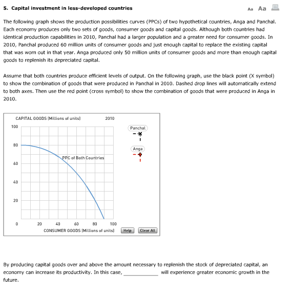 5. Capital investment in less-developed countries
Aa Aa
The following graph shows the production possibilities curves (PPCS) of two hypothetical countries, Anga and Panchal.
Each economy produces only two sets of goods, consumer goods and capital goods. Although both countries had
identical production capabilities in 2010, Panchal had a larger population and a greater need for consumer goods. In
2010, Panchal produced 60 million units of consumer goods and just enough capital to replace the existing capital
that was worn out in that year. Anga produced only 50 million units of consumer goods and more than enough capital
goods to replenish its depreciated capital.
Assume that both countries produce efficient levels of output. On the following graph, use the black point (X symbol)
to show the combination of goods that were produced in Panchal in 2010. Dashed drop lines will automatically extend
to both axes. Then use the red point (cross symbol) to show the combination of goods that were produced in Anga in
2010.
CAPITAL GOODS (Millions of units)
100
80
60
40
20
0
20
PPC of Both Countries
2010
Panchal
Anga
40
60
80
100
CONSUMER GOODS (Millions of units) Help Clear All
By producing capital goods over and above the amount necessary to replenish the stock of depreciated capital, an
economy can increase its productivity. In this case,
will experience greater economic growth in the
future.