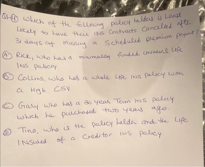 QL which of the following policy helders is Least
Likely to have their INS Contracts Cancelled after
31 days of Missing a
Scheduled premium payment?
(A) RICK, who has a minimally funded Univesal Life
INS Policey
Collins, who has a whole life INS policy with
a High CSV
Gary who has a 30 year Term INS policy
which he purchased two years ago.
Tina, who is the policy helder and the Life
of a Creditor INS policy
INSwed