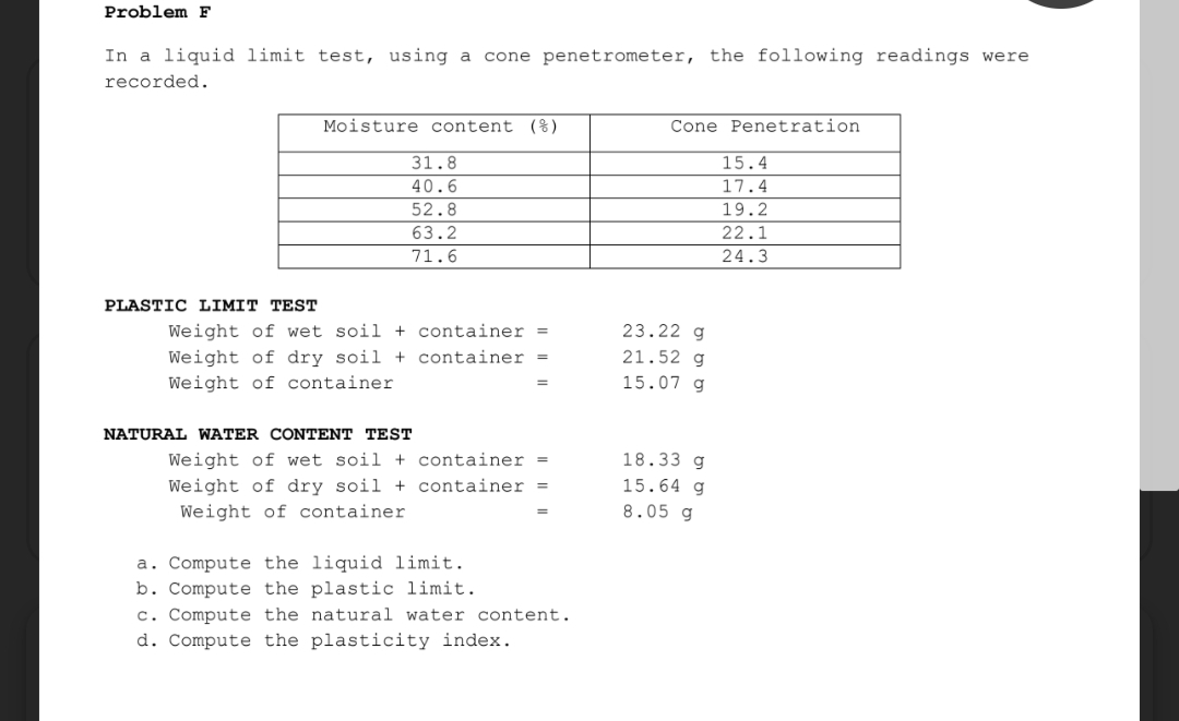 Problem F
In a liquid limit test, using a
cone penetrometer, the following readings were
recorded.
Moisture content (%)
Cone Penetration
31.8
15.4
40.6
17.4
52.8
19.2
63.2
22.1
71.6
24.3
PLASTIC LIMIT TEST
Weight of wet soil + container =
23.22 g
Weight of dry soil + container =
Weight of container
21.52 g
15.07 g
NATURAL WATER CONTENT TEST
Weight of wet soil + container =
Weight of dry soil + container =
Weight of container
18.33 g
15.64 g
8.05 g
a. Compute the liquid limit.
b. Compute the plastic limit.
c. Compute the natural water content.
d. Compute the plasticity index.
