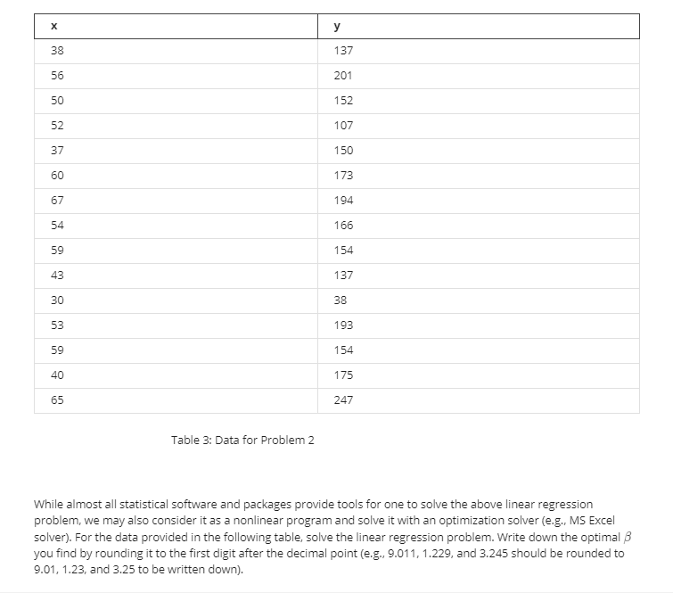 y
38
137
56
201
50
152
52
107
37
150
60
173
67
194
54
166
59
154
43
137
30
38
53
193
59
154
40
175
65
247
Table 3: Data for Problem 2
While almost all statistical software and packages provide tools for one to solve the above linear regression
problem, we may also consider it as a nonlinear program and solve it with an optimization solver (e.g., MS Excel
solver). For the data provided in the following table, solve the linear regression problem. Write down the optimal B
you find by rounding it to the first digit after the decimal point (e.g., 9.011, 1.229, and 3.245 should be rounded to
9.01, 1.23, and 3.25 to be written down).

