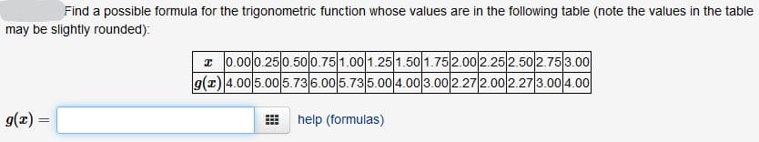 Find a possible formula for the trigonometric function whose values are in the following table (note the values in the table
may be slightly rounded):
I 0.000.250.500.751.00 1.25 1.50 1.75 2.00/2.25 2.50 2.75 3.00
g(x) 4.00 5.00 5.736.00 5.735.00 4.00 3.00 2.27 2.002.27 3.00 4.00
g(2) =
help (formulas)
