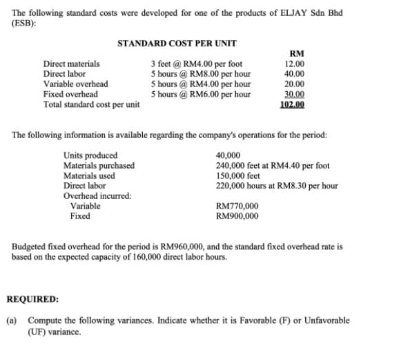 The following standard costs were developed for one of the products of ELJAY Sdn Bhd
(ESB):
STANDARD COST PER UNIT
RM
12.00
Direct materials
3 feet @ RM4.00 per foot
5 hours @ RM8.00 per hour
5 hours @ RM4.00 per hour
5 hours @ RM6.00 per hour
Direct labor
40.00
Variable overhead
Fixed overhead
20.00
30.00
Total standard cost per unit
102.00
The following information is available regarding the company's operations for the period:
Units produced
Materials purchased
Materials used
40,000
240,000 feet at RM4.40 per foot
150,000 feet
220,000 hours at RM8.30 per hour
Direct labor
Overhead incurred:
Variable
Fixed
RM770,000
RM900,000
Budgeted fixed overhead for the period is RM960,000, and the standard fixed overhead rate is
based on the expected capacity of 160,000 direct labor hours.
REQUIRED:
(a) Compute the following variances. Indicate whether it is Favorable (F) or Unfavorable
(UF) variance.
