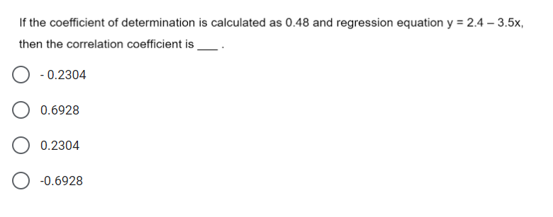 If the coefficient of determination is calculated as 0.48 and regression equation y = 2.4 – 3.5x,
then the correlation coefficient is
- 0.2304
0.6928
0.2304
-0.6928
